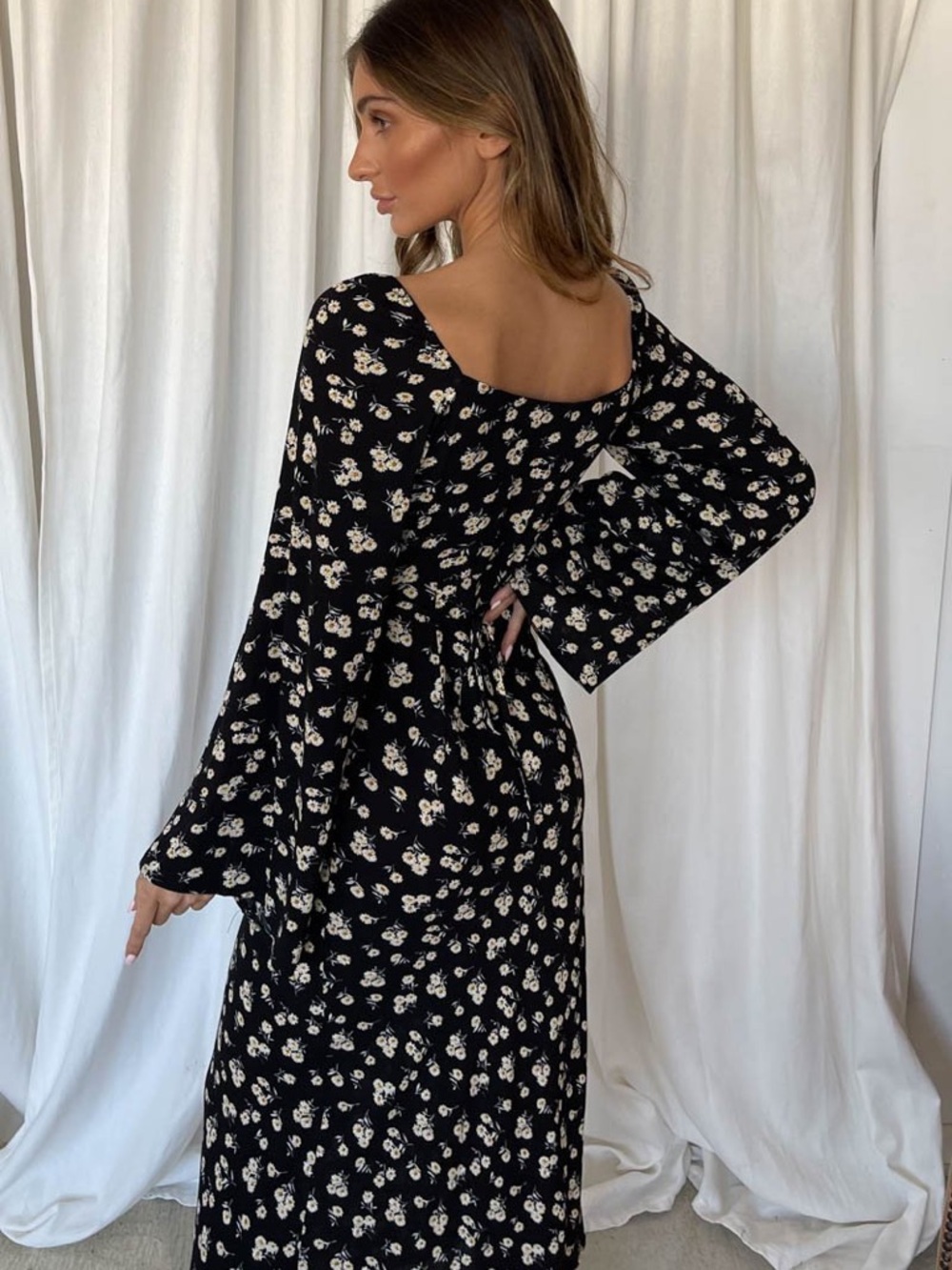 SNDYS Black Floral Maxi Dress Size 2 Daisy Billow Sleeve Milkmaid Dark Soft Girl - Picture 3 of 15